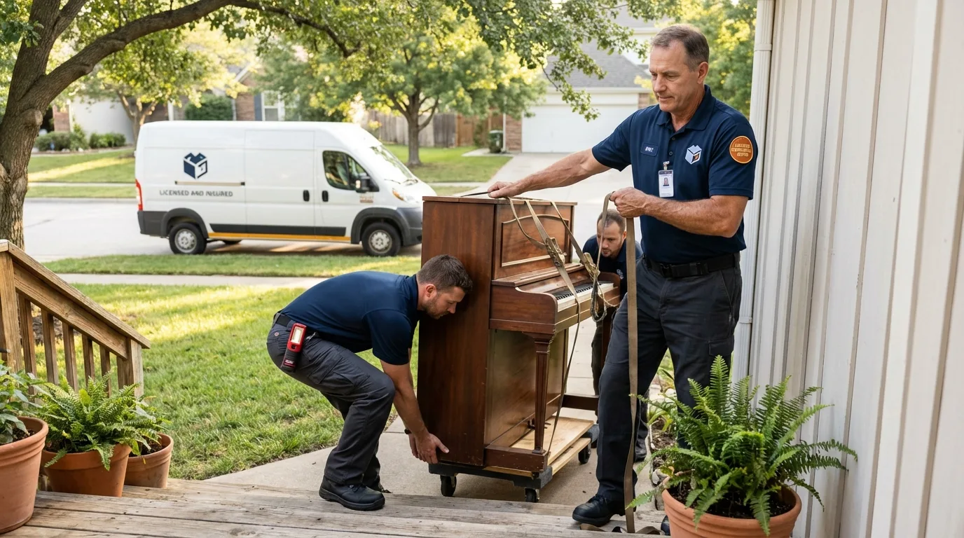Licensed piano movers securing grand piano in Gillette, WY